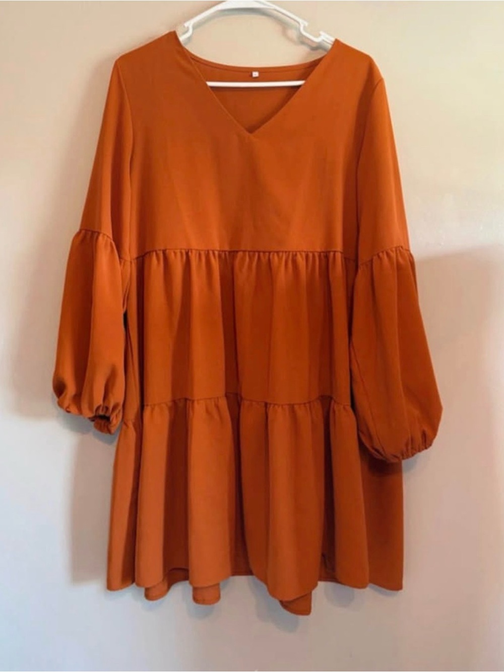 Source Unknown Burnt Orange Tiered V-Neck Balloon Sleeve Dress